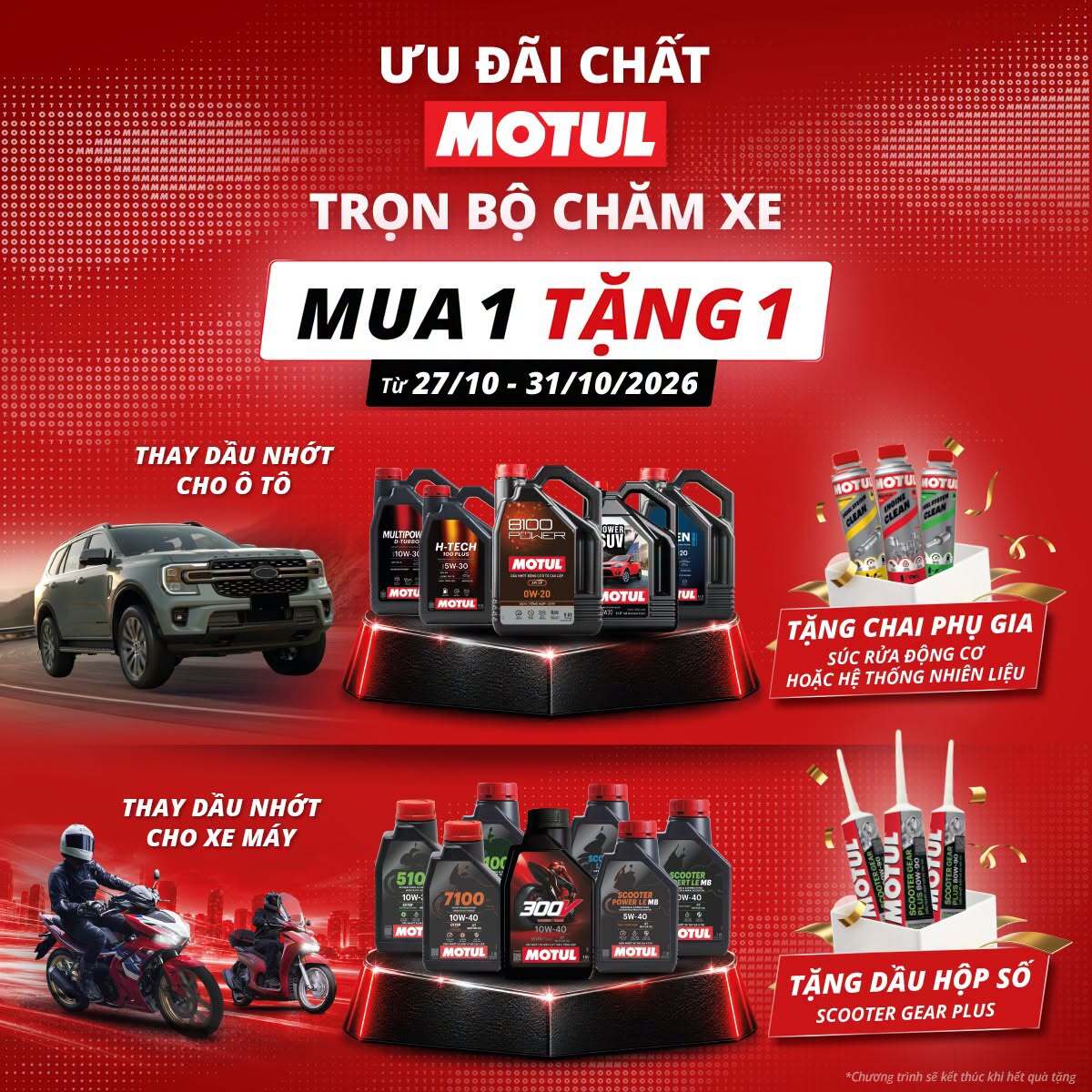 THAY NHỚT MÁY - TẶNG NHỚT HỘP SỐ MOTUL - TỪ 27/10 ĐẾN 31/10 (HOẶC KHI HẾT QUÀ TẶNG)